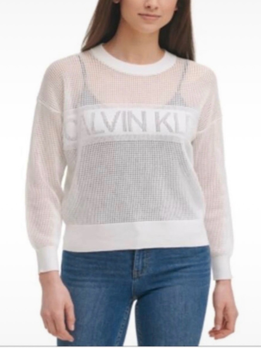 Calvin Klein White Sheer Mesh Logo Pullover